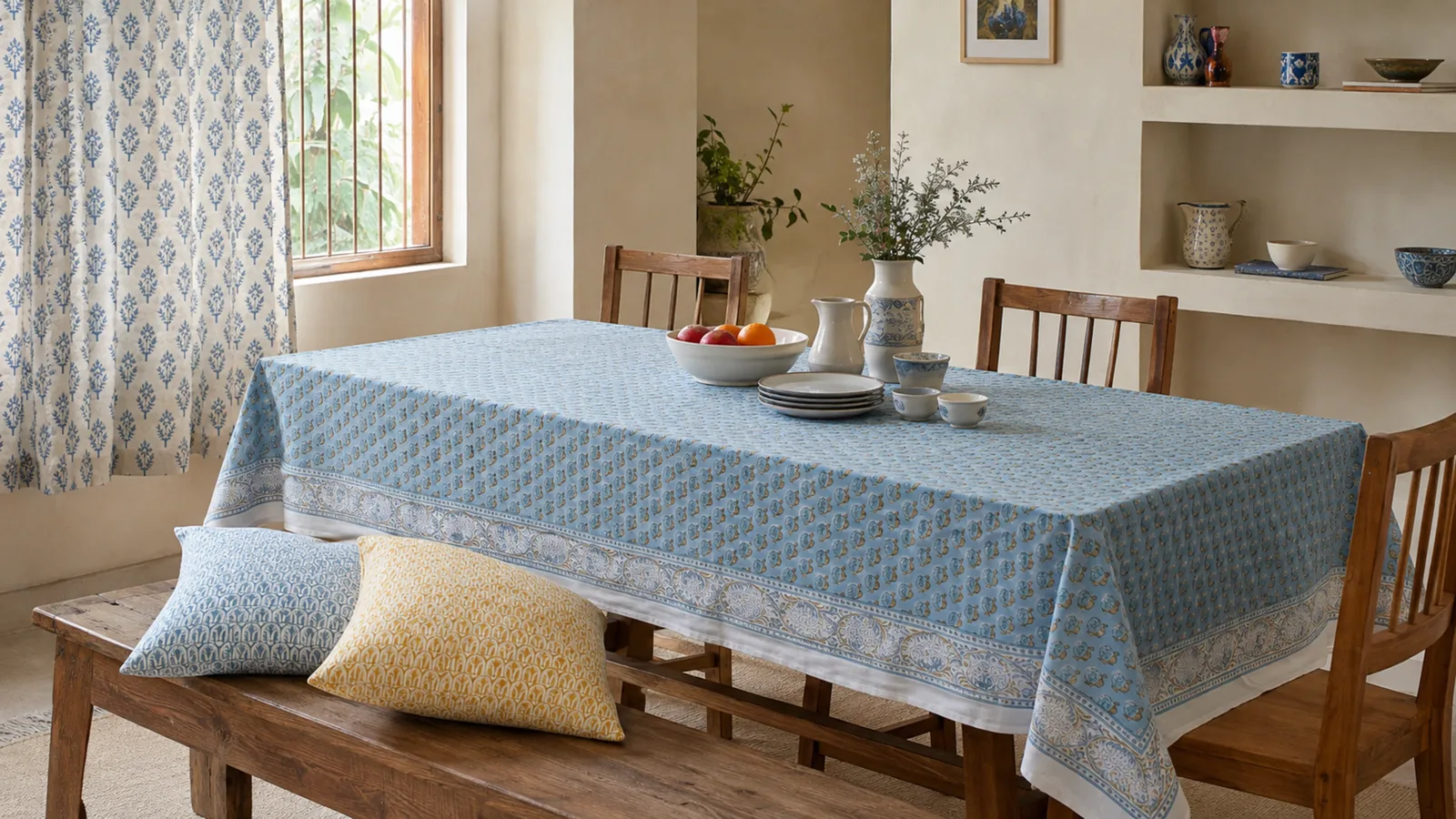 A richly layered room filled with hand-printed textiles and considered colour