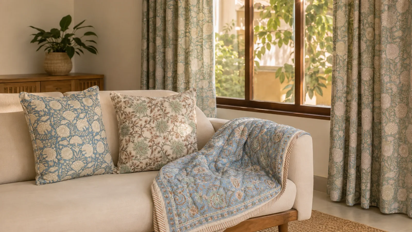A calm living room layered with blue floral curtains, cushions, and a quilt
