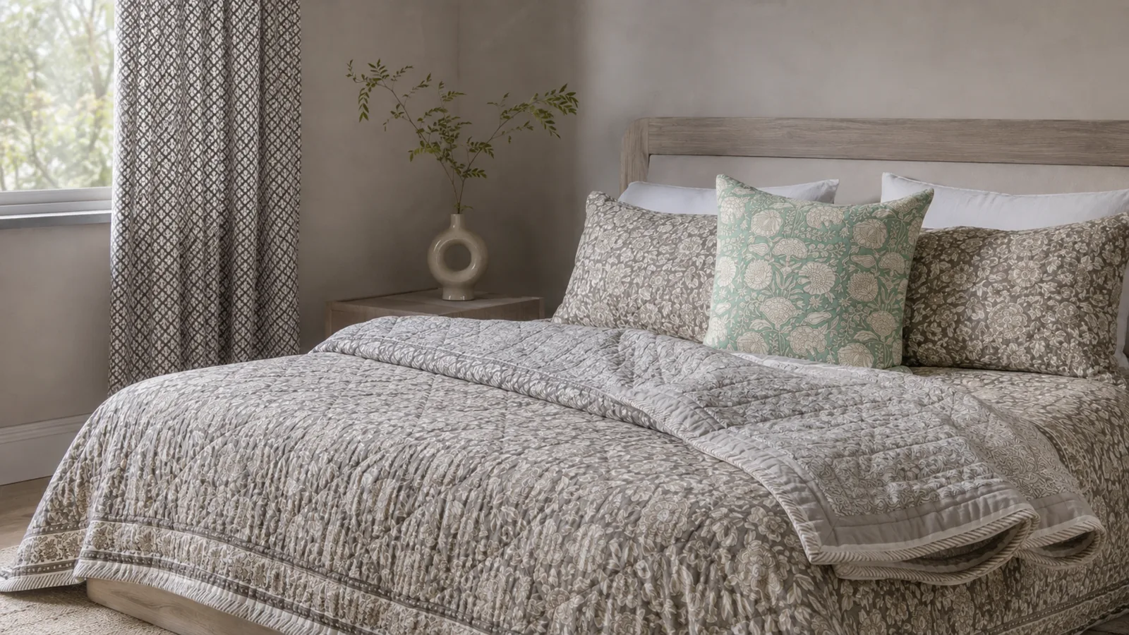A hand-printed quilt layered into a quiet, lived-in bedroom